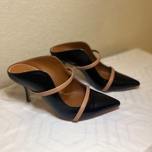 Malone Souliers Maureen Napa Leather 2 strap mules. Black and tan.